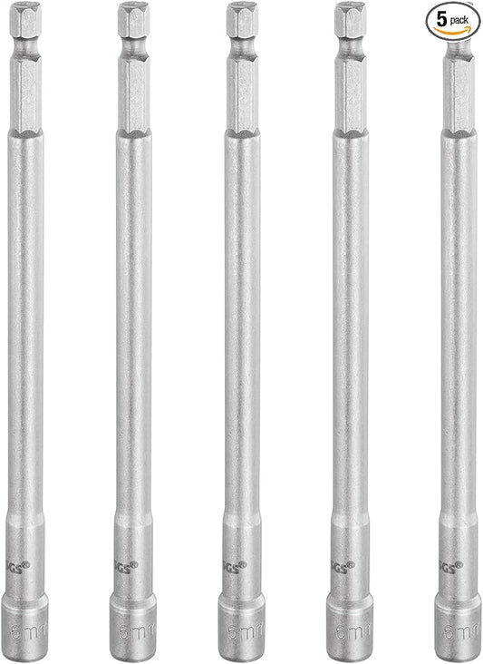 HARFINGTON 5pcs Nut Driver Drill Bit 6mm Metric Socket 1/4" Hex Shank 5.91" (150mm) Long Magnetic 6-Point Sockets Quick Change CR-V Steel Bolt Setters for Power Drill Drivers