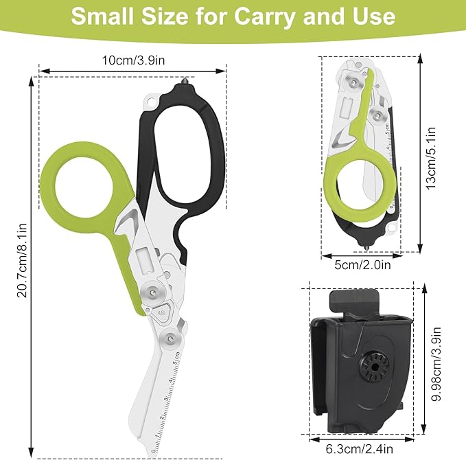 6-in-1 Heavy Duty Emergency/Trauma Shears, with Carbide Glass Breaker, Ring Cutter, Foldable, Stainless Steel Multi-Purpose Scissors for Hospital, Home, Camping, and Travel Rescue Tools (Black+Green)