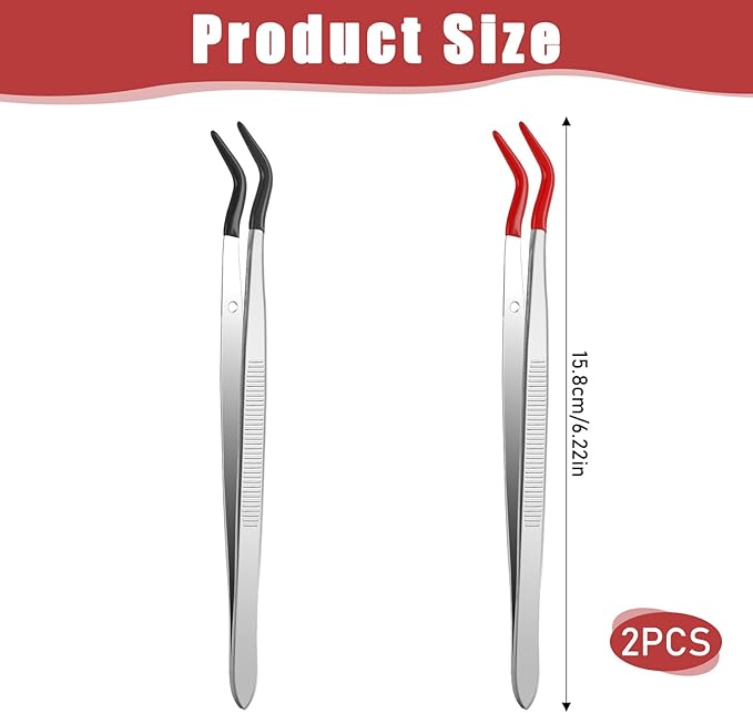 Rubber Tipped Tweezers, 2 Pcs Stainless Steel Curved Craft Tweezers PVC Coated Long Jewelry Tweezer Set for Crafts Stamps Coin Beads Jewelry Industrial Electronic Lab (Red, Black)