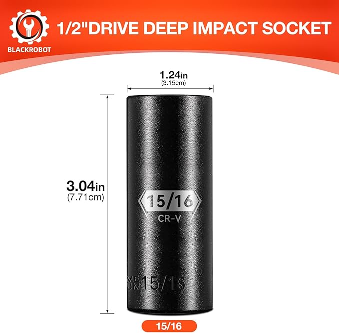 BLACKROBOT 1/2 Inch Drive 6-Point Deep Socket, 15/16 inch Deep Impact Socket, CR-V Steel