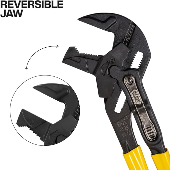 Klein Tools D53012 Plier Wrench, High Leverage Multi-Use Pump Plier with Adjustable and Reversible Double-Sided Jaw, Smooth and Knurled Teeth, 12-Inch