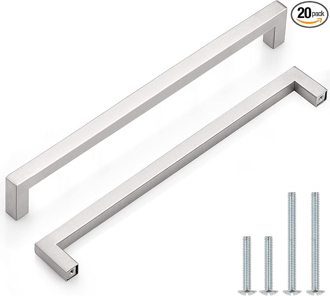 Probrico 20 Pack Satin Nickel Drawer Dresser Pulls Modern Stainless Steel Square Bar Kitchen Cabinet Handles Cupboard Chest Wardrobe Lardry Room Closet Door Hardware(10 inch Hole Centers)