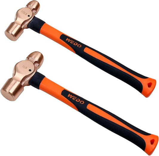 WEDO 2PCS Copper Ball Peen Hammer Set, 8 oz + 16 oz(1/2lb+1lb),Ball Pein Hammer with Fiberglass Handle, Die-Forged, Corrosion Resistant, DIN Standard