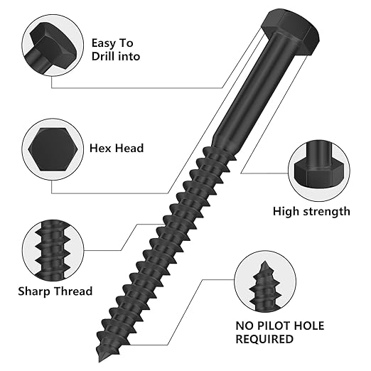 Lag Screws Wood Screws (20PCS, 5/16"x5", Black) Hex Head Lag Bolts,(8x125) Heavy Duty Lag Screws,304 Stainless Steel Bolts 18-8