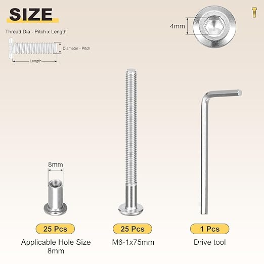 METALLIXITY Furniture Crib Screws Replacement Set with Wrench(M6-1x75mm) 50Pcs, Connector Bolts M6 Screw Barrel Nuts Binding Screws, for Chair Cabinet Bed, Silver