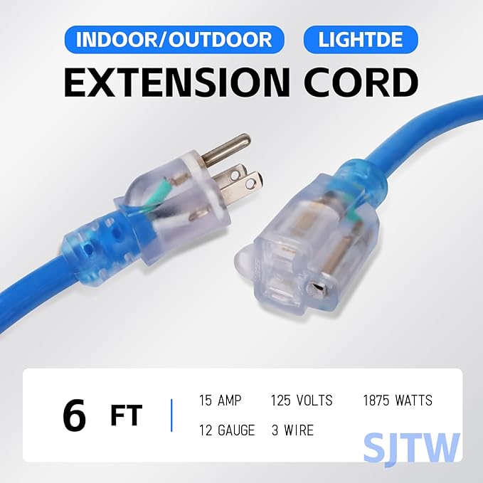 EP 6 Ft Outdoor Extension Cord, 12/3 SJTW Heavy Duty Waterproof Power Cable, 3 Prong Grounded Plug, Lighted End, for Lawn, Garden, Appliances, Blue