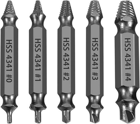 HSS Damaged Screw Extractor Set, 5-Piece Drill Bit Kit for Stripped Screws and Bolts, Grey