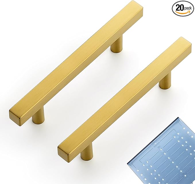 Ravinte 20 Pack 3-3/4 Inch Cabinet Pulls Gold Sqaure Kitchen Cabinet Handles Gold Cabinet Hardware Stainless Steel Drawer Pulls 6 Inch Overall Length with Mounting Template