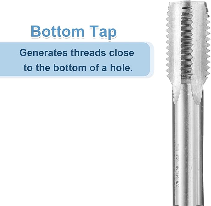 uxcell Hand Bottom Tap 7/8-9 UNC 2B Thread Bottoming Style Threading Taps High Speed Steel HSS6542 Straight Flutes Screw Tapping Tool