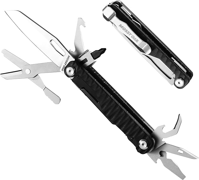 Mossy Oak Multitool Knife, 12 in 1 Pocket Multitool with G10 Handle, EDC Multi Tool Knife with Scissors Bottle Opener Screwdrivers and More for Camping, Survival, Hunting and Outdoors