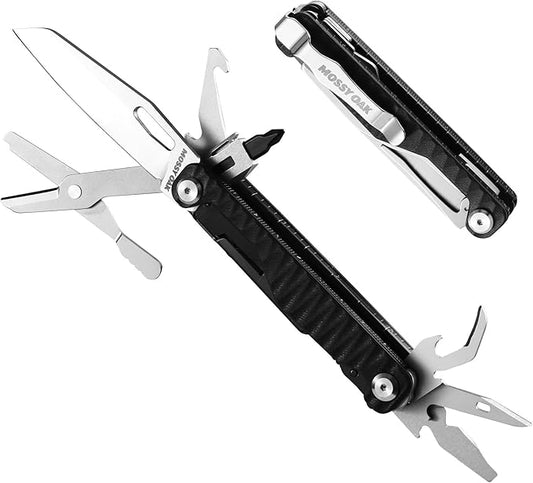 Mossy Oak Multitool Knife, 12 in 1 Pocket Multitool with G10 Handle, EDC Multi Tool Knife with Scissors Bottle Opener Screwdrivers and More for Camping, Survival, Hunting and Outdoors