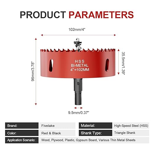4" (102mm) Bi-Metal M42 High Speed Steel Hole Saw with Pilot Drill Bit, Smooth Cutting Edge for PVC, Drywall, Wood, Plastic, Gypsum Board, Rubber, Thin Metal