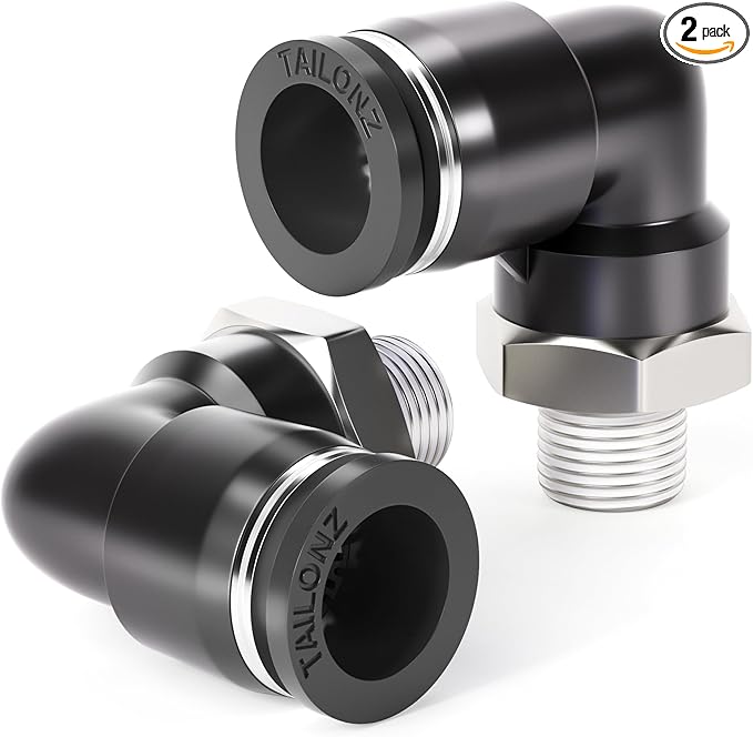 TAILONZ PNEUMATIC Male Elbow 3/8 Inch Tube OD x 1/8 Inch NPT Thread 90 Push to Connect Fittings PL-3/8-N1 (Pack of 2)