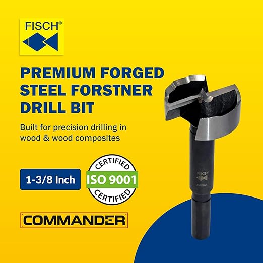 Fisch Black Shark Forged Steel Forstner Drill Bit for Woodworking, Precision Wave Design, Clean Cuts in Hardwoods, MDF, and Plywood, FSA-365822, Made in Austria (1-3/8 inch)