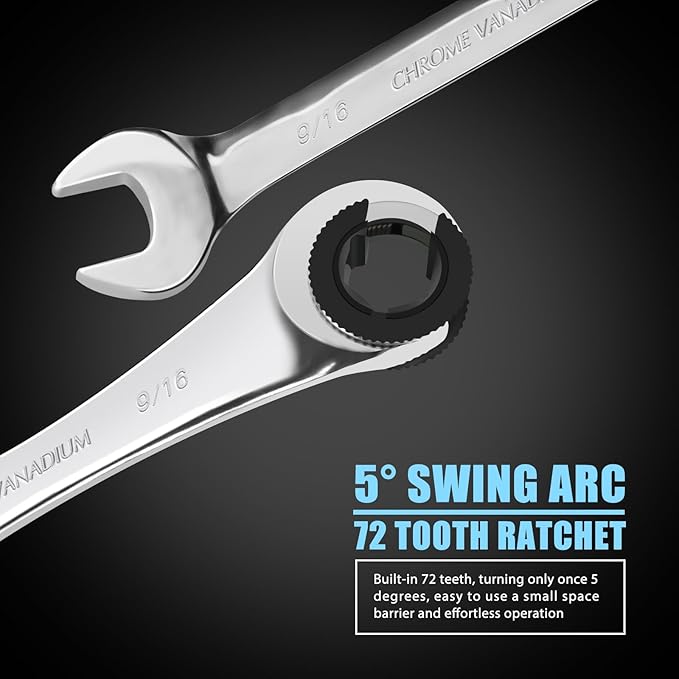 LOSCHEN 10 pcs SAE Ratcheting Wrench Combination Wrench Set 10 Pcs/Set with 72 Teeth, Chrome Vanadium Steel Tubing Ratchet Spanner（US and European Patents）