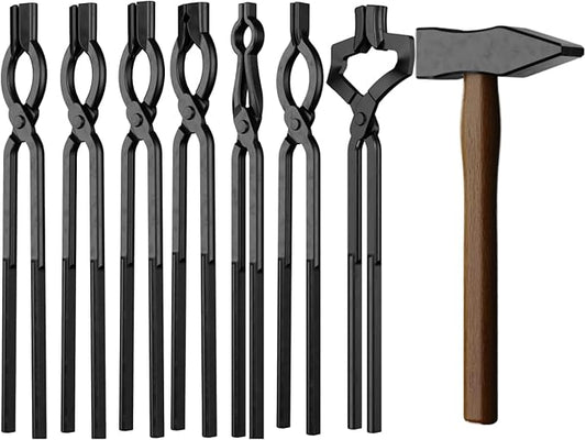 8PCS Blacksmith Tongs and Blacksmith Hammer,Z V-Bit,3/8,1/2,5/8inch V-Bit Bolt,V-Bit Bolt,Pick Up,V-Bit Bolt with A3 Steel Rivets and Assembled Blacksmithing Tongs for Forging Tools and Equipment