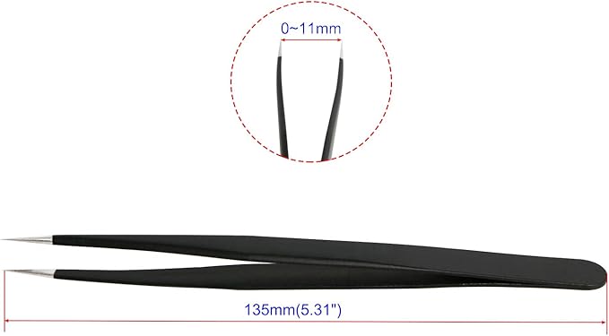 Aoje-Link ESD-12 Professional Anti-Static Precision Technology Tweezers, Non-magnetic Fine Tip Straight, Stainless Steel Plastic Coated, Full Length 135mm, Black, 5pcs