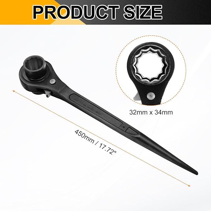 HARFINGTON Scaffolding Podger Ratchet Wrench 32mm x 34mm CR-V 12 Point Double Ended Socket Ratcheting Podger Scaffold Spud Spanner Tool for Auto Repair Mechanical Maintenance, Black