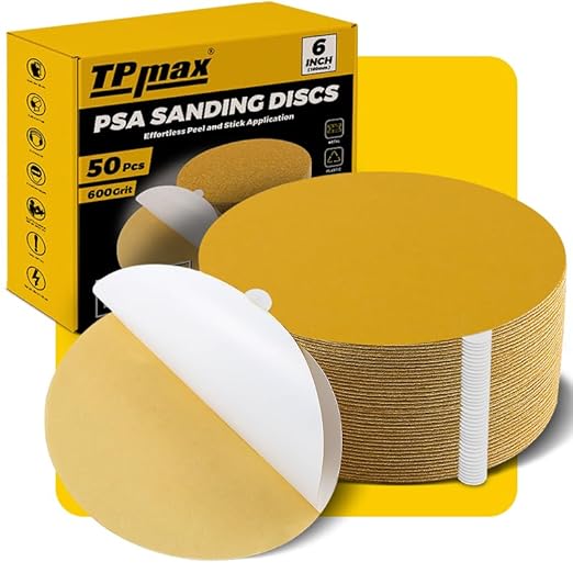 6-Inch 600-Grit Gold PSA Sanding Discs, 50 Pack ??Pro-Grade Self-Adhesive Stickyback Sandpaper with Quick-Release Tabs for DA Sander, Micro-Finishing Automotive/Wood/Metal Sanding