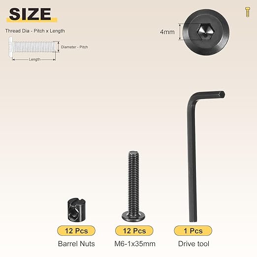 METALLIXITY Furniture Crib Screws Replacement Set with Wrench(M6-1x35mm) 24Pcs, Galvanization Connector Bolt M6 Screw Barrel Nuts Binding Screws, for Chair Cabinet Bed, Black