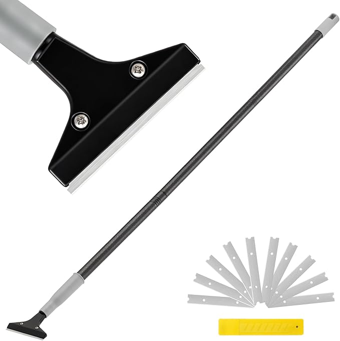 Heavy-Duty Floor Scraper, 4-Inch Razor Blade Scraper Tool, 36-Inch Long Handle, Includes 10 Extra Metal Blades, Paint Scraper for Cleaning Wall, Glass, Adhesives, Chewing Gum, Ceiling