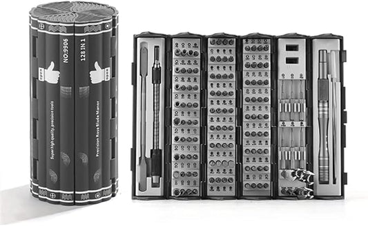 Precision Screwdriver Set Cylinder Organizing Case 128pcs in 1 Case S2 Alloy Steel HRC 56 Hardness Bits Space-saving Roll-up Case Professional Toolset Magnetizing Bit Heads for most sizes (9906)