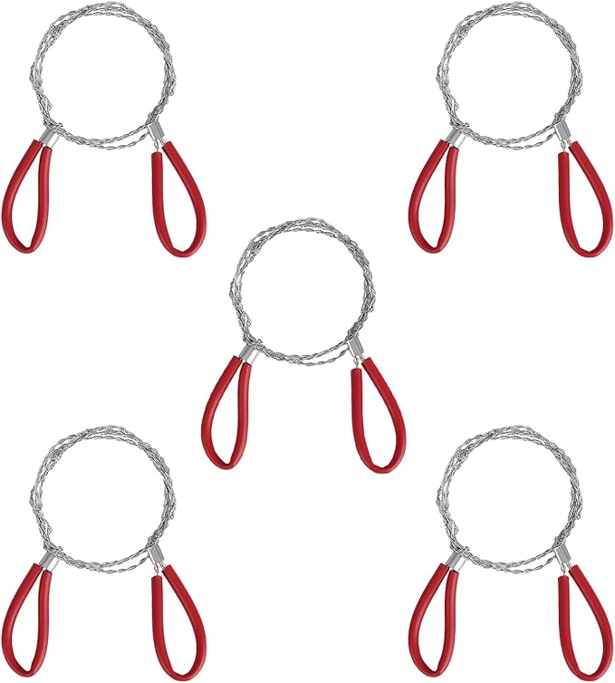 5PC Red Stainless Steel Cable Saw Set, Metal Wire Saw for Emergency Survival, 23.62 Inch Hand Pocket String Rope Cutting Tool, Ideal for Camping, Hiking, Hunting Adventures