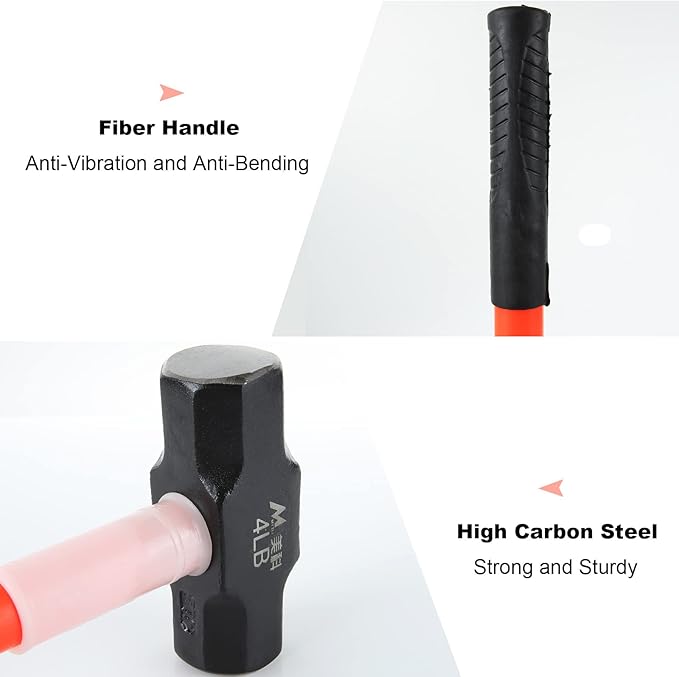 4lb Sledge Hammer, 4 Pound Drilling/Crack Hammer with Forged Steel Construction & Fiberglass Handle Shock-Resistant for Striking, Engineering Hammer for Farm Gardening Land Management Yard Work