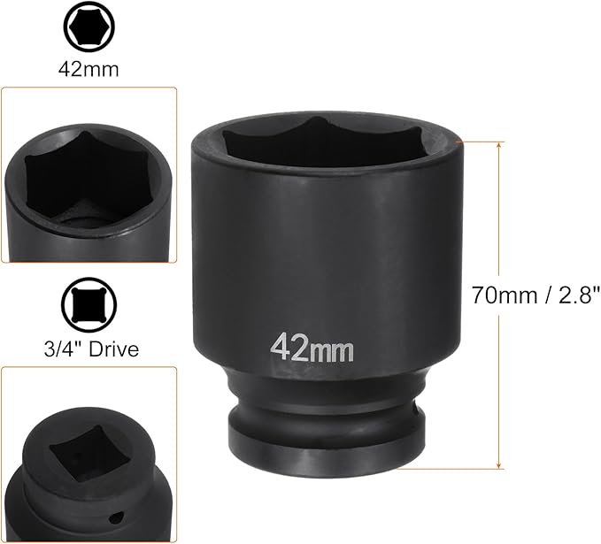 HARFINGTON 6-Point Impact Socket 3/4" Drive 42mm Metric 40Cr Alloy Steel Spindle Axle Nut Impact Socket