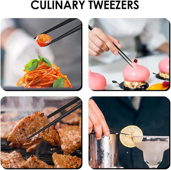 Gutsdoor 8 Inch Plating Tweezers Stainless Steel Precision Culinary Tweezer Black Kitchen Offset Tweezers Tongs