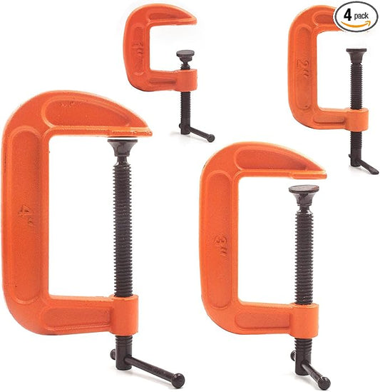 (4-Piece) C Clamps Set 1-Inch, 2-Inch, 3-Inch, 4-Inch Heavy Duty Steel Iron Alloy Versatile G-Clamps, Orange