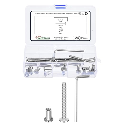 METALLIXITY Furniture Crib Screws Replacement Set with Wrench(M6-1x60mm) 24Pcs, Connector Bolts M6 Screw Barrel Nuts Binding Screws, for Chair Cabinet Bed, Silver