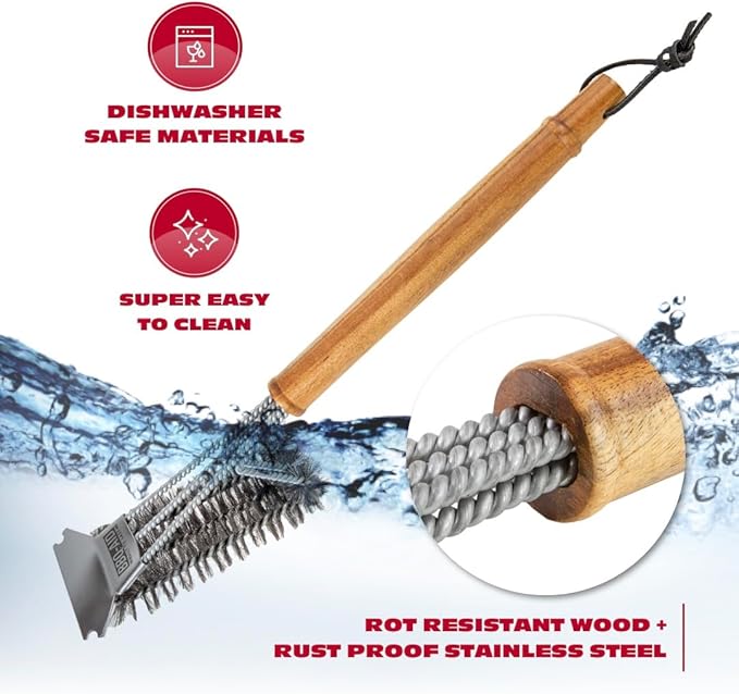 BBQ-AID All Angles BBQ Grill Brush for Outdoor Grill ??Cleans All Angles, Large Wooden Handle, and Stainless Steel Bristles - BBQ Brush for Grill Cleaning ??Grill Cleaner Brush Safe for BBQ and Grill
