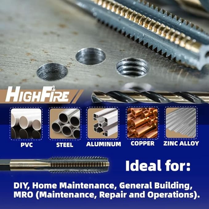 HIGHFIRE 18-Piece Metric Drill and Tap Set with 1 Piece T-Handle Ratchet, Black and Gold Premium HSS Jobber Length Drill Bits and Hand Plug Taps with Metal Indexed Box