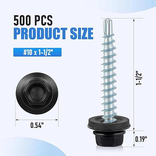 LEIFIDE 500 Pcs Metal Roofing Screws 10 x 1-1/2" Galvanized Hex Head Self Starting Metal to Wood Siding Screw(Black)