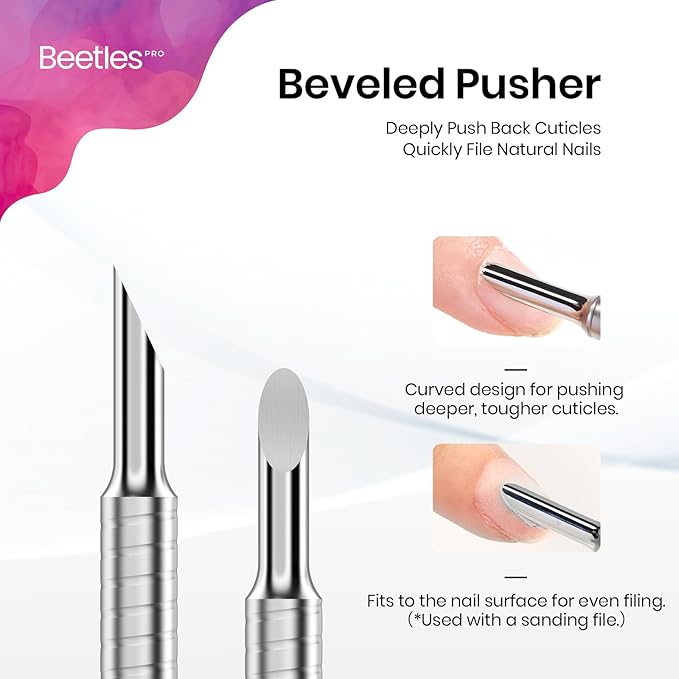 Beetles Pro Cuticle Pusher, Professional Stainless Steel Cuticle Remover Multi-function Dual Ended Nail Pusher for Fingernail Toenail Nail-Care Salon Manicure Needs