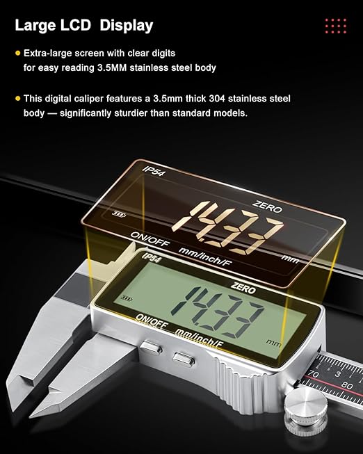 GODESON Digital Caliper, Rechargeable Digital Micrometer-IP54 Waterproof, Stainless Steel & Large LCD Screen Caliper Measuring Tool-Inch/Metric/Fraction,6" Calipers-Auto Off for Pros & DIYers