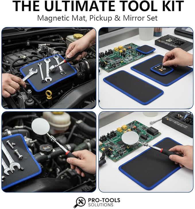 6 Pack Magnetic Tool Mat, Magnetic Mat with PVC Layer, Magnetic Tool Holder, Non-Slip Parts Organizer includes Mat, Pads, Pick-up Tool, Mirror for Garage Workshop Auto Repair