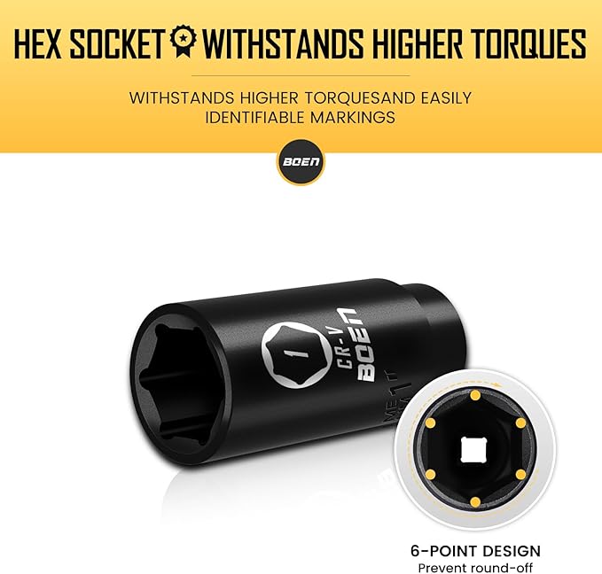 BOEN 1/2" Drive Deep Impact Socket,1 Inch Premium Socket,SAE,6 Point,Cr-V Steel with Laser Marking - Strong and Durable