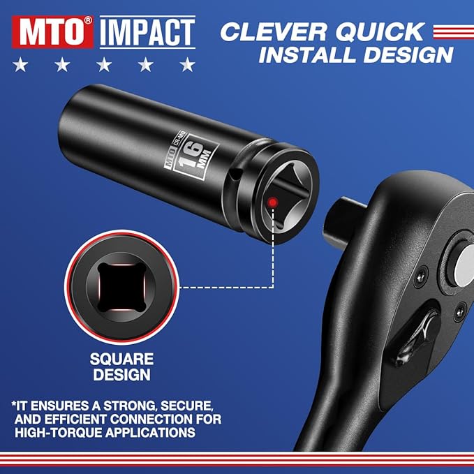 MTO 1/2" Drive 16mm Deep Impact Socket, 6 Pt. Metric Socket, CR-MO Steel & Anti-Corrosion Coating for Heavy-Duty Use