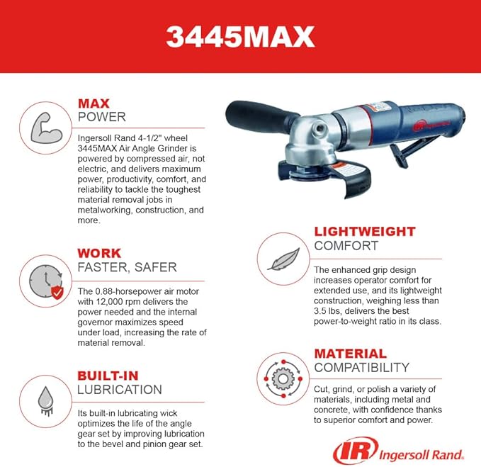 Ingersoll Rand 3445MAX Air Angle Grinder/Cutoff Tool, 4.5" Wheel, 12,000 rpm, 0.88 hp, 5/8"-11 Thread, Rear Exhaust
