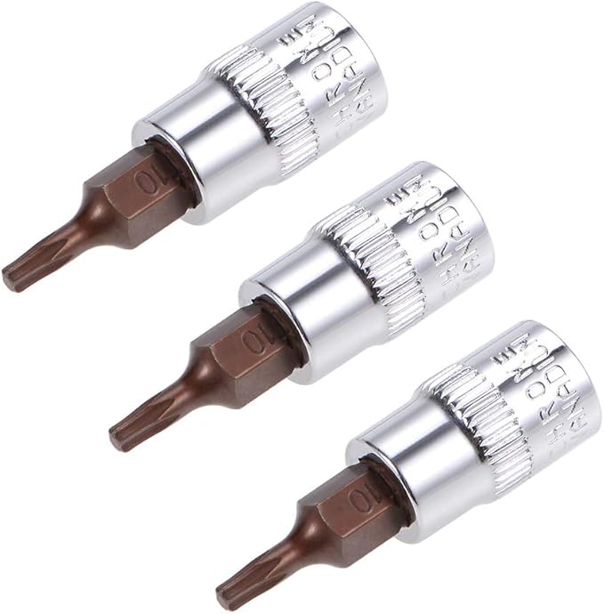 uxcell 3pcs 1/4" Drive x T10 Torx Bit Socket, S2 Steel Bits CR-V Sockets 38mm Length Use with Ratchet Wrench, Slide Bar, Extension Rod