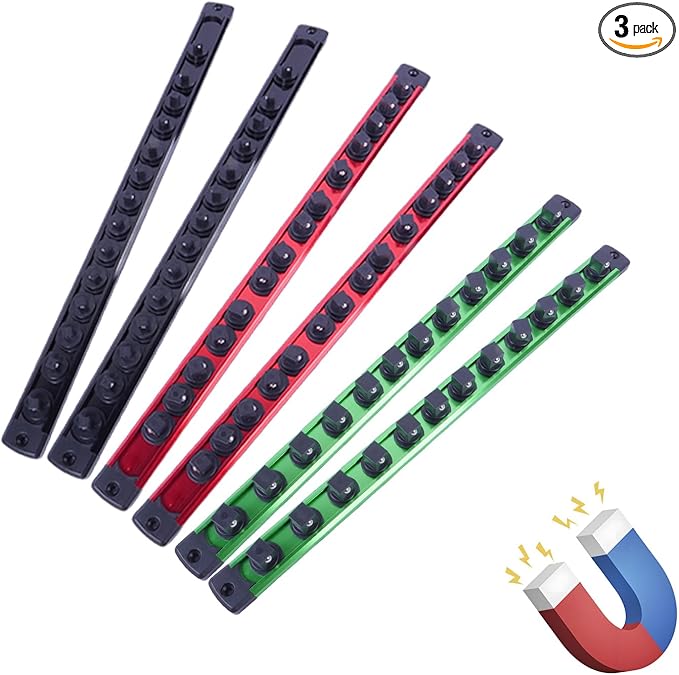Magnetic Socket Holder Organizer Set: 6-Piece 1/4, 3/8, 1/2 Drive Socket Trays Socket, 360째 Swivel Clips Socket Holder Kit, For Automotive Mechanic Garage (Black Red Green)