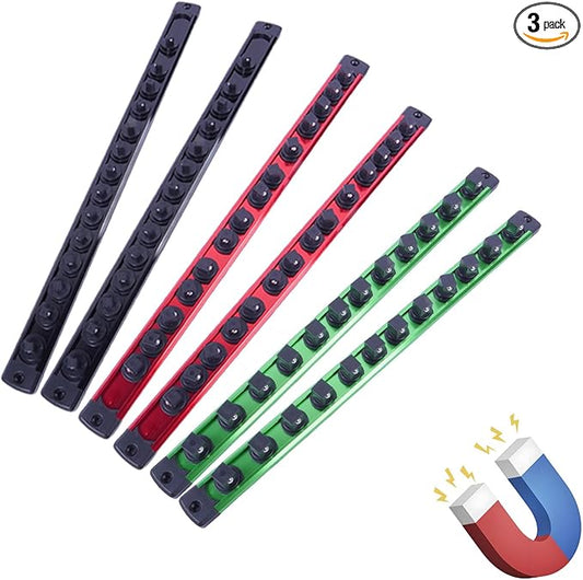 Magnetic Socket Holder Organizer Set: 6-Piece 1/4, 3/8, 1/2 Drive Socket Trays Socket, 360째 Swivel Clips Socket Holder Kit, For Automotive Mechanic Garage (Black Red Green)