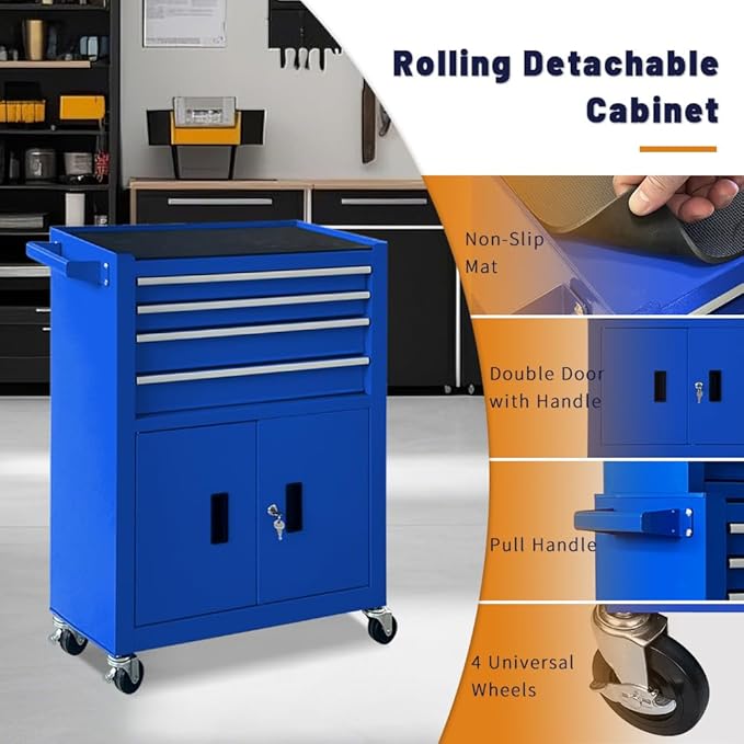 13-Drawer Rolling Tool Chest with Double Doors, 2 in 1 Detachable Rolling Tool Chest Combo, Mobile Tool Cabinet with Drawers, Metal Large Lockable Tool Box for Garage Workshop (Blue)