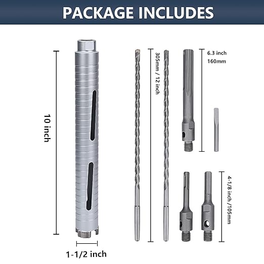 1-1/2 inch Diamond Dry Core Drill Bit, 10" Drilling Depth, 5/8"-11 Thread Core Drill Bit for Concrete Masonry Brick Block, Includes 3 Adapters SDS Plus, SDS Max and Hex (1-1/2 inch)