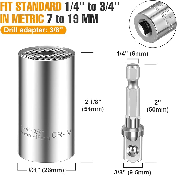 Spurtar Universal Socket Set(11-32mm 7-19mm) for Unscrew Any Bolt Multi-Function Universal Socket Tool with 3/8" 1/2" Power Drill Adapters Birthday Gift for Dad, Husband, Man, Handyman, Father Gadgets