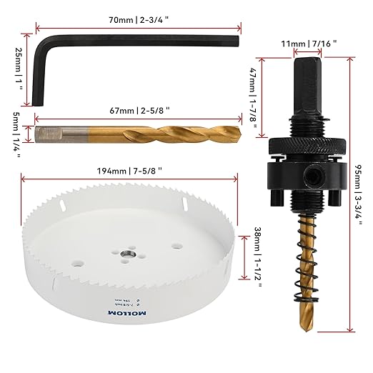 Mollom (194mm | 7-5/8") HSS M42 with 8% Cobalt BI-Metal Hole Saw with 2 Pilot Drill Bits & Arbor Smooth Cutting for PVC,Drywall,Wood,Plastic,Gypsum Board,Rubber