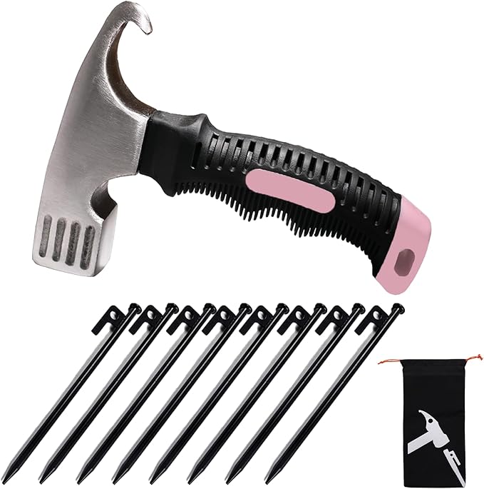 8 Pcs Tent Stakes and Camping Hammer – Heavy Duty Metal Lightweight Backpacking Tent Spikes with Small Hammer Kit for Women - Camp Mallet with Puller and Tent Pegs Bag for Tarp Canopy, Pink