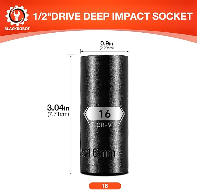 BLACKROBOT 1/2 Inch Drive 6-Point Deep Socket, 16mm Deep Impact Socket, CR-V Steel